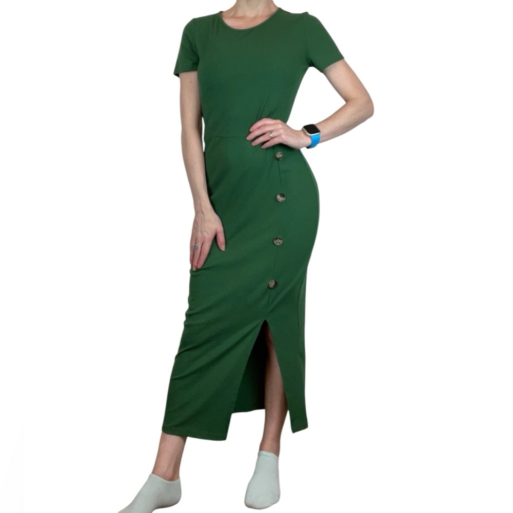 SHEIN Medium Green Ribbed Midi Dress Button Slit Short Sleeve
